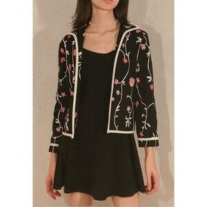 Y2K Vintage Peck&Peck Sz 8 Womens Black Pink Floral Open Front Blazer Jacket 90s